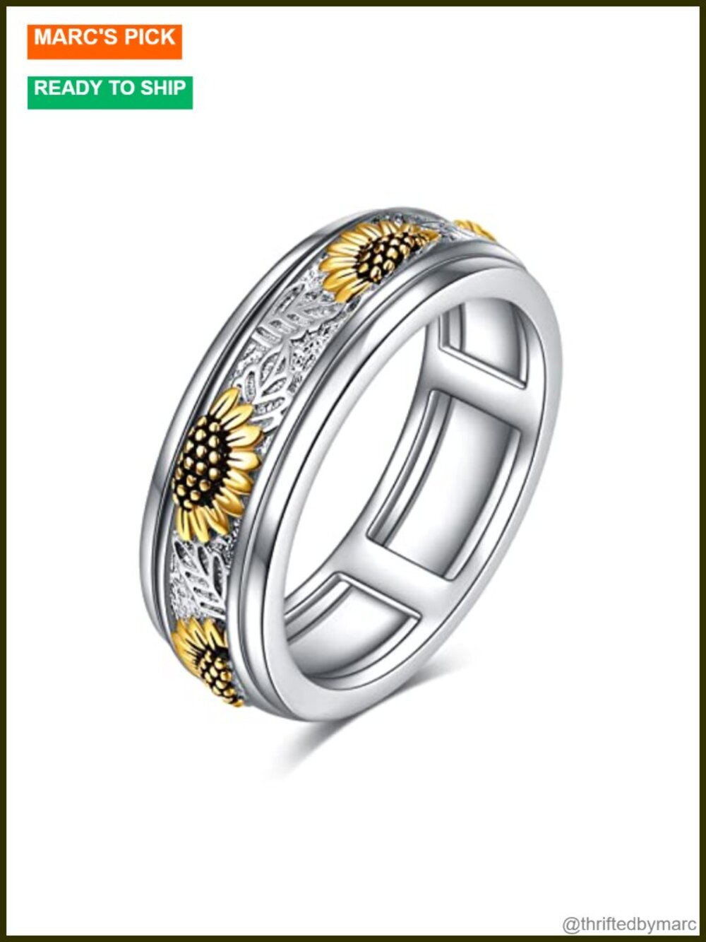 Sterling Silver Sunflower Spinner Ring Fidget Anxiety Relief Jewelry Gift